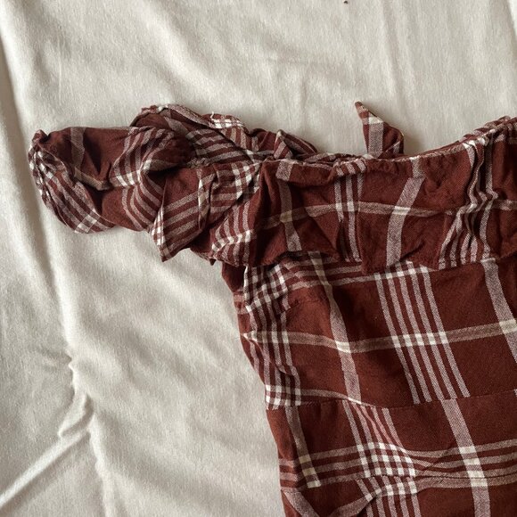 Cottagecore Dark Brown Plaid Lined Mini Dress Ruffle and Tie - Picture 7 of 8